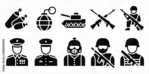 Ten Black Military And Weapon Icons On White Background army soldier
