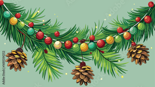 Christmas frame with fir and pine branches, red ornaments, and cones