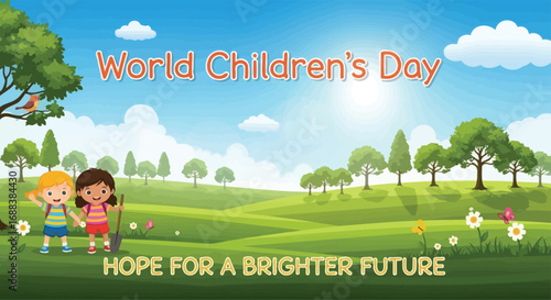 flat vector illustration of children planting trees and caring for the environment, symbolizing hope and a brighter future for World Children’s Day
