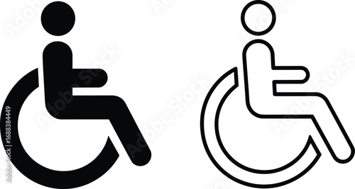 Two wheelchair accessibility icons one solid black and one outline on white symbol disabled