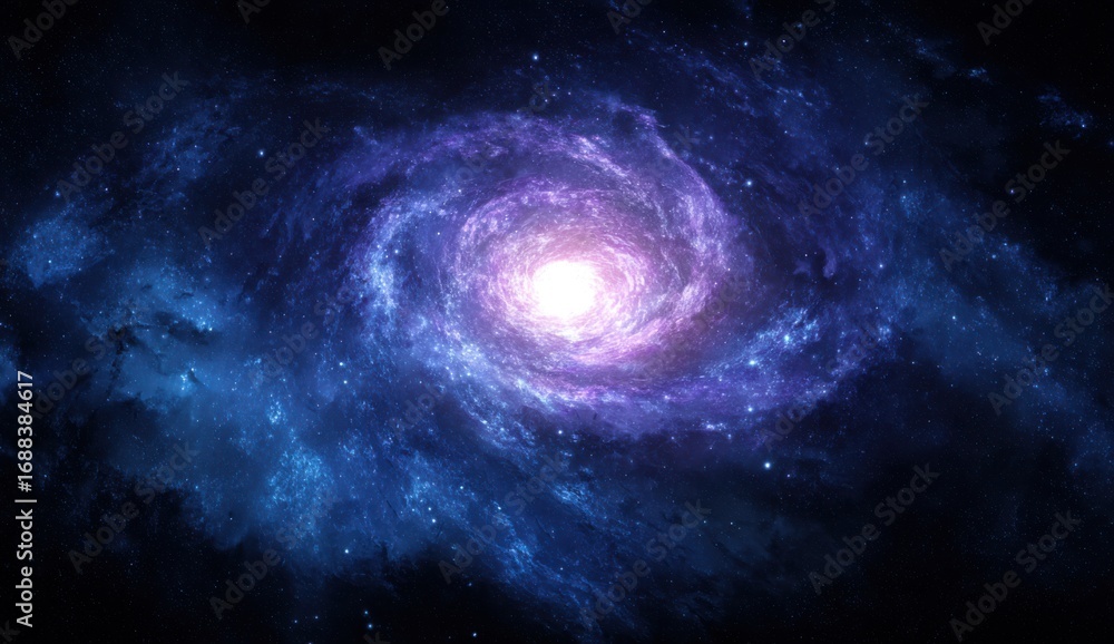 Fototapeta premium Spiral galaxy in deep space. Vast expanse of dark space, swirling spiral galaxy, vibrant blues & purples, central light