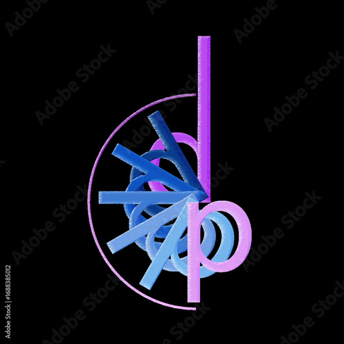 3D lowercase letter d rotating in gradient colors on black background