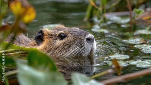 A nutria is peacefully swimming in calm waters of a wetland. Surrounded by vibrant green plants, reflections shimmer on the surface as evening light bathes the scene.