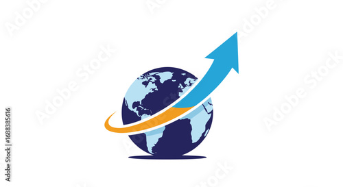 Global growth arrow circles earth symbolizing business expansion and international success