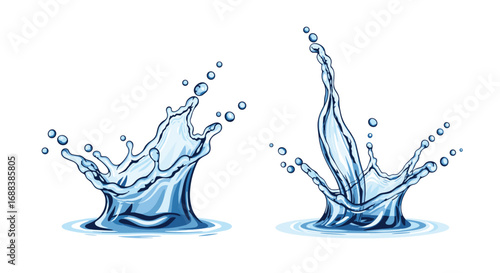 Dynamic blue water splashes with droplets creating refreshing liquid motion art