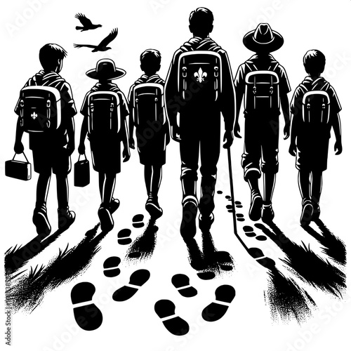 Black and White Vector Silhouette of Scouts Tracking Footprints