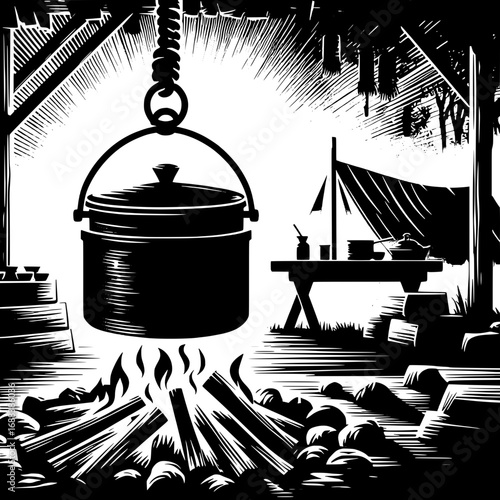 Black and White Vector Silhouette of Scout Campfire Cooking Pot