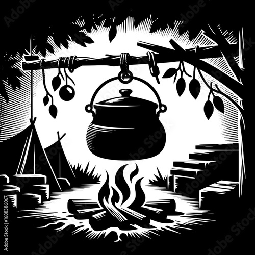 Black and White Vector Silhouette of Scout Campfire Cooking Pot