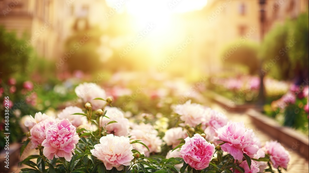 Obraz premium A lush garden filled with vibrant flowers bathed in warm summer sunlight, creating a dreamy atmosphere.