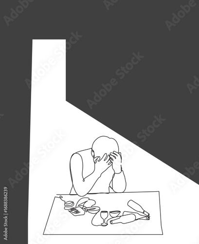 A depressed man in a dark room in one-line art