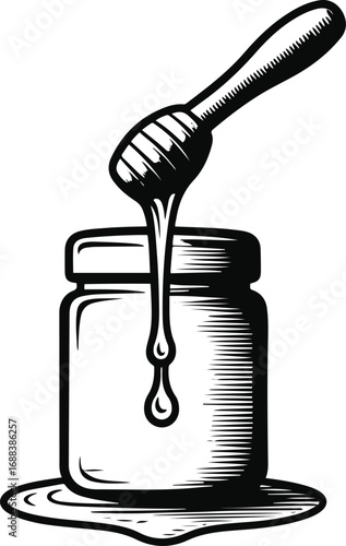 Black and white line art of honey dipper with dripping honey, minimal vector illustration for honey jar packaging 
