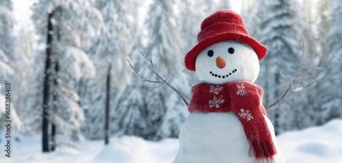 Fototapeta Naklejka Na Ścianę i Meble -  The cheerful snowman wearing a red hat and scarf in winter forest setting.