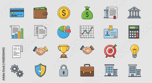 Financial icons representing business, finance, and success in a modern and colorful style