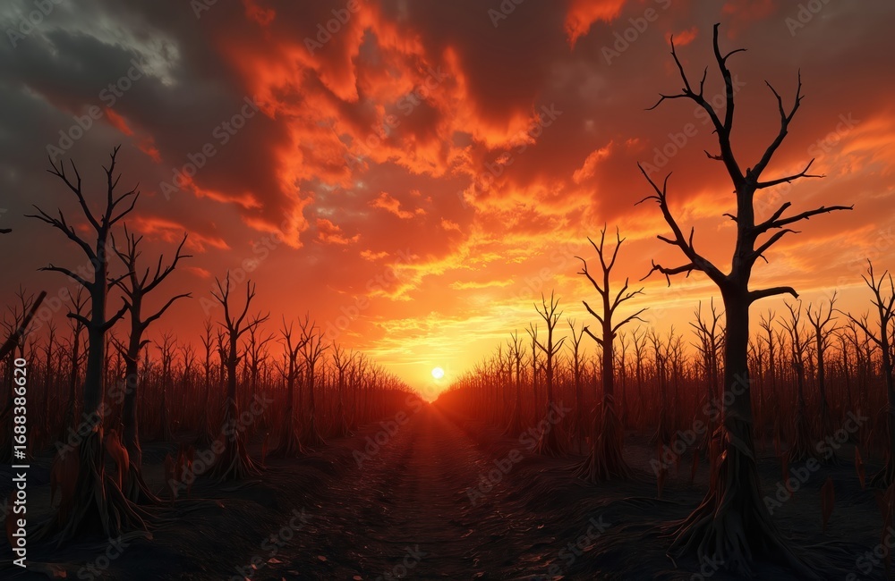 Fototapeta premium Barren cornfield under dramatic sunset sky with silhouetted trees. Intense orange, brown colors create moody, atmospheric scene. Drought conditions evident in dead landscape, nature harshness, decay.