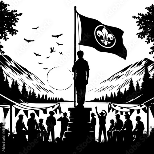 Black and White Vector Silhouette of Scout Camp Flag