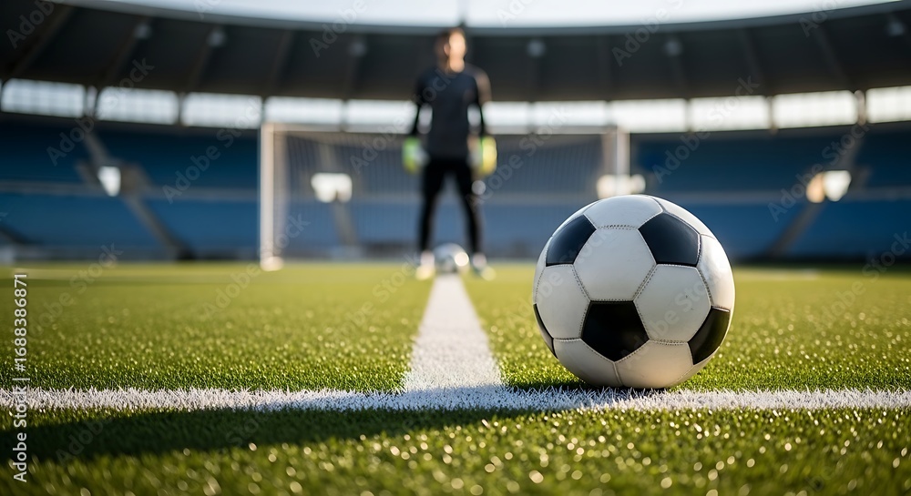 Fototapeta premium Soccer goalkeeper standing on a green sports field with a soccer ball in frontline in a modern