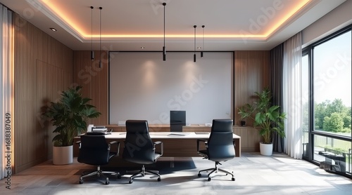 modern conference room with long meeting table, minimal lighting and grey wall