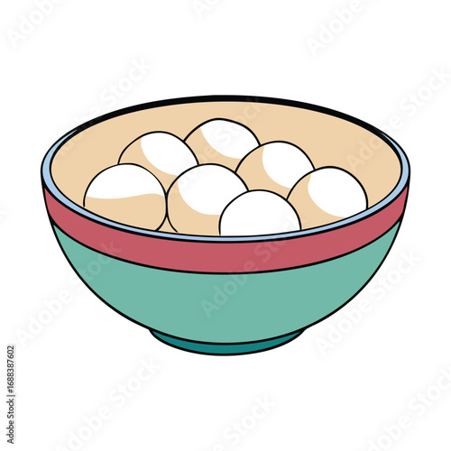 A warm bowl of dessert tangyuan, filled with sweet glutinous rice balls in light syrup, offering a comforting and festive treat enjoyed during family gatherings and celebrations.
