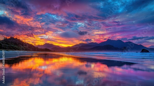 Wallpaper Mural A stunning sunset casts a brilliant array of colors across the sky and water of a peaceful beach. Mountains loom in the distance as the scene embodies serenity at dusk. Torontodigital.ca