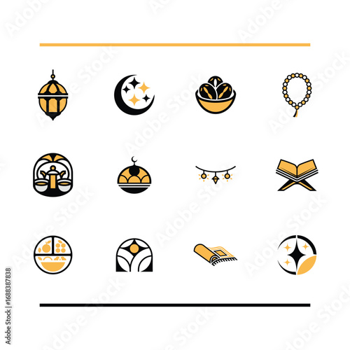 Ramadan Icons Crescent Moon, Lanterns, Prayer Beads, Dates, and Holy Book Pack