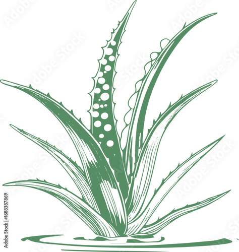 Minimal line art of aloe vera plant with sliced leaf, monochrome vector illustration, natural cosmetic packaging design