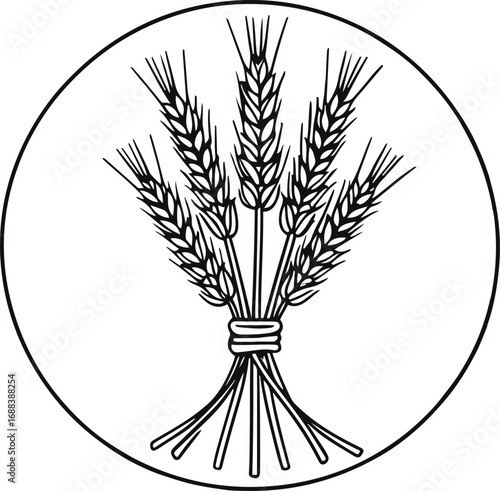 Simple line art illustration of wheat stalks tied together, monochrome vector, clean outline for bakery packaging
