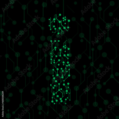 Lowercase letter i in green tech dot pattern on black background