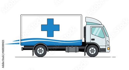 Fast medical transport ambulance truck with blue cross emblem speeding to emergency, Generative AI.