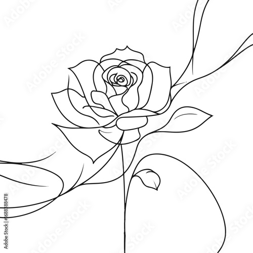 Abstract line art of blooming rose with flowing petals, elegant black and white minimal vector, high-end packaging illustration for perfume label 1