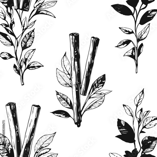 Black and white botanical line drawing of cinnamon sticks with leaves, clean vector art, packaging label illustration 2