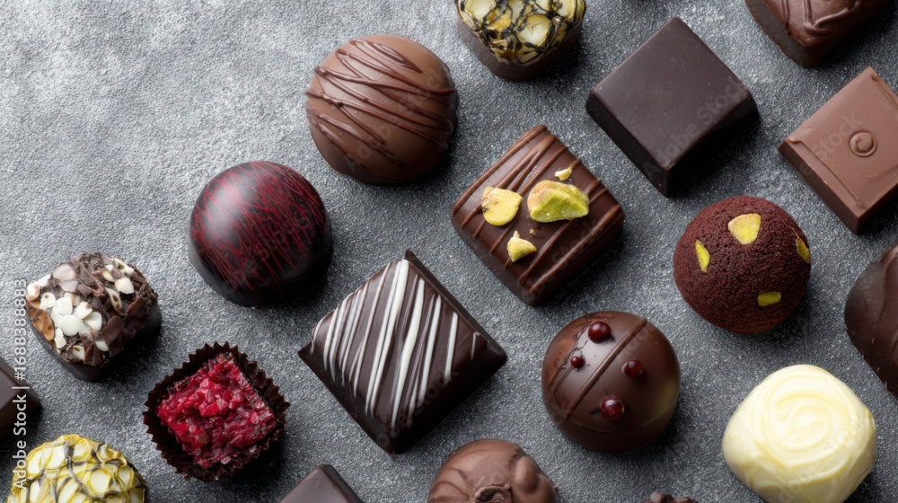 Fototapeta premium An enticing arrangement of handmade chocolates of different shapes and toppings lies on a gray surface. Each piece features unique flavors and artistic designs, inviting indulgence.