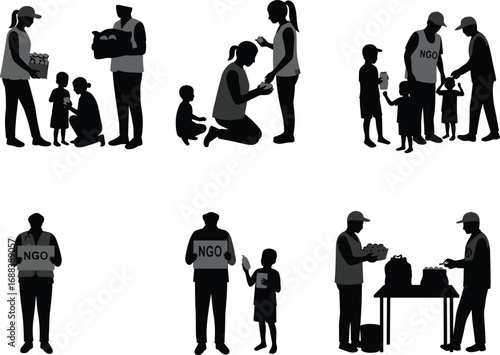 Humanitarian aid volunteers helping poor children, food donation, NGO support, charity event, feeding the needy, crisis relief, social 