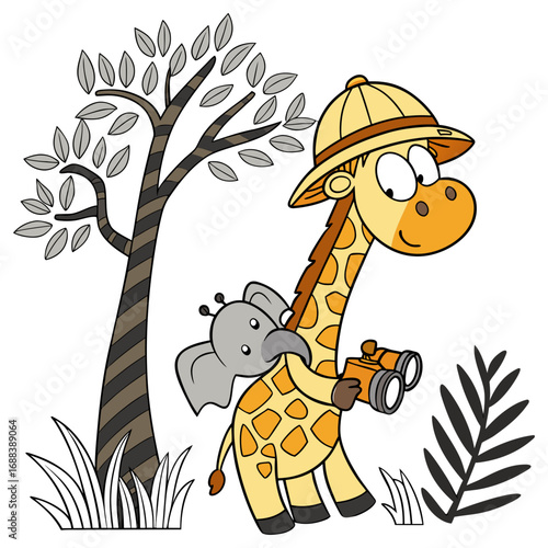 Cute Bashful Giraffe, accessorized with with a stuffed animal, in a Safari Adventure world – Savannah Heat palette vector