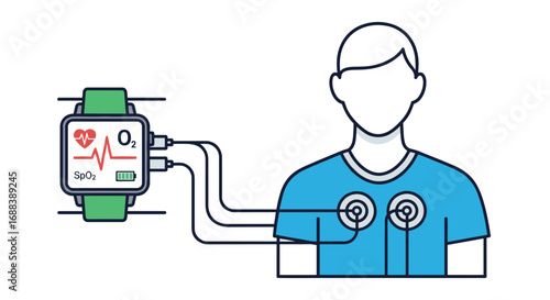Modern smartwatch monitors vital signs including heart rate and oxygen saturation with connected sensors on patient, Generative AI.