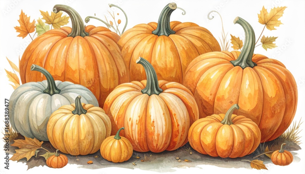 Pile of Pumpkins Autumnal Colors with Leaves and White Background Studio Lighting