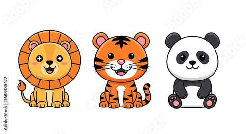 Adorable cartoon lion, tiger, and panda characters smiling happily, perfect for kids designs