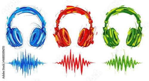 Vibrant painted headphones and sound waves representing music, audio, and entertainment concepts