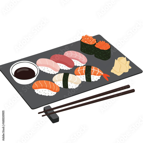 A minimalist 2D flat vector illustration of a neatly arranged sushi platter with nigiri, maki, and sashimi, accompanied by soy sauce and pickled ginger on a clean white background.