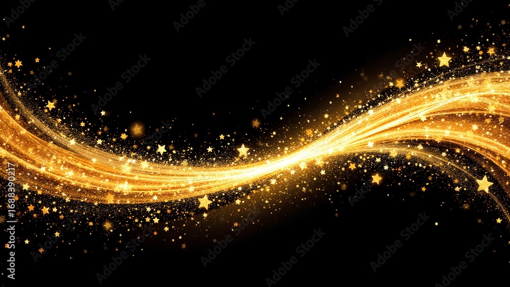 Fototapeta premium A shimmering golden wave with sparkling stars on a black background, creating a magical and festive atmosphere.