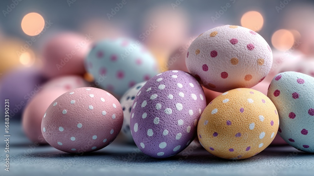 Obraz premium Pastel-colored speckled Easter eggs in a pile