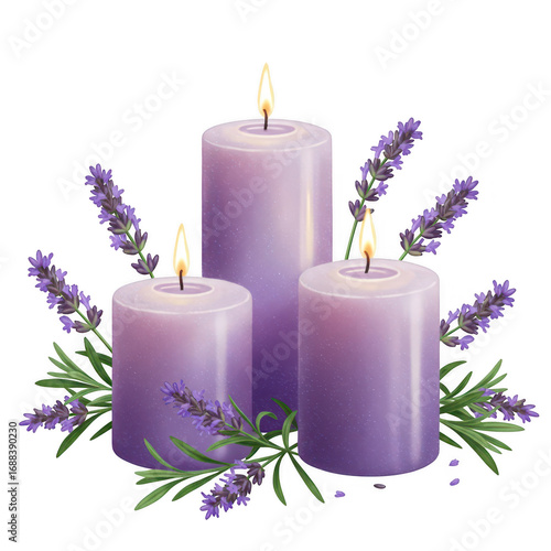 Three purple candles surrounded by lavender sprigs isolated on transparent background create a peaceful ambiance