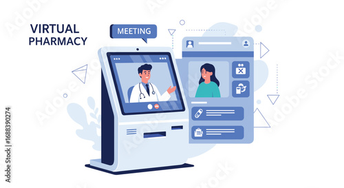 Seamless virtual pharmacy consultation connects patients with doctors via modern kiosk for convenient healthcare access and medication pickup, Generative AI.