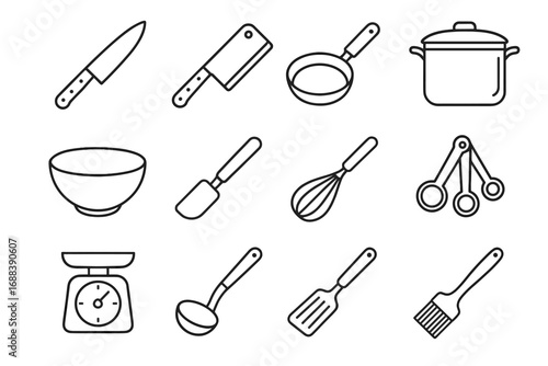 Ladle pastry sauté vector fish kitchen bowl icon cooking brush measuring icons