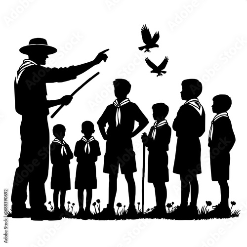Black and White Vector Silhouette of Scout Leader with Stick