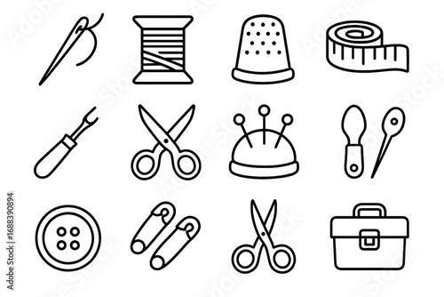 Thimble sewing scissors safety icon kit small needle fabric straight icons vector