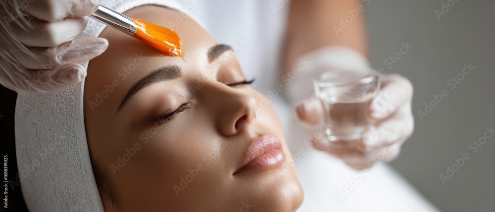 Fototapeta premium The woman receiving a professional orange facial mask treatment in a spa clinic