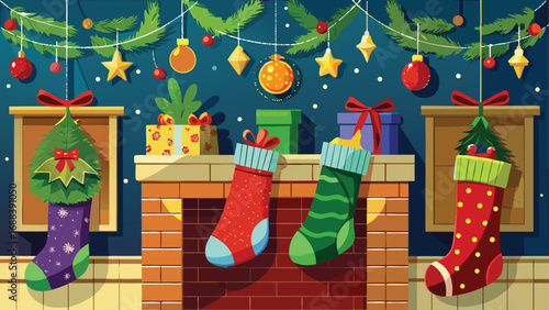 christmas sock with gifts on wooden background