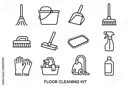 Caddy vacuum cleaning mop gloves bucket brush floor icons vector icon squeegee