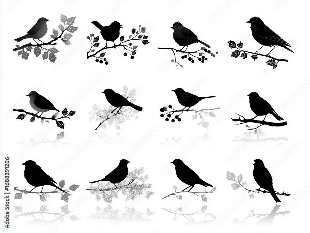 Fototapeta premium Twelve distinct black bird outlines with varying wing spans and body angles creating a lively visual., isolate on white background