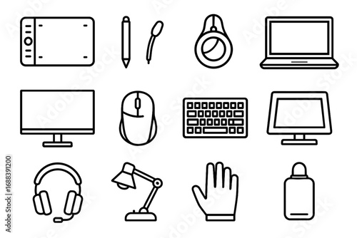 Vector stand monitor digital work keyboard reference tools mechanical calibration stylus icon
